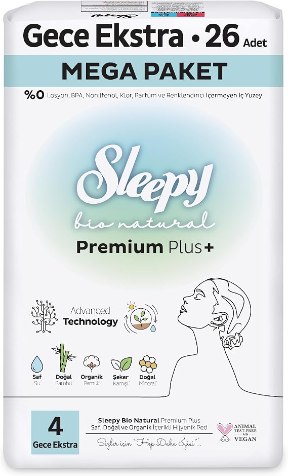 Sleepy Bio Natural Premium Plus Hijyenik Ped Mega Paket Gece Extra 26 Adet