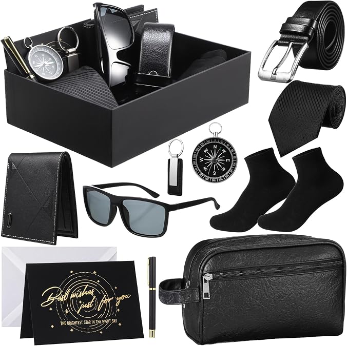 Geyoga 12 Pcs Mens Birthday Gift Set,Wallet Belt Tie Socks Bag