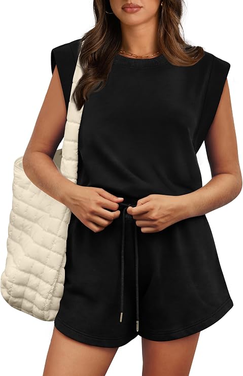 OFEEFAN Rompers for Women Summer Cap Sleeve Adjustable Drawstring Waistband Crewneck Casual Outfits with Pockets