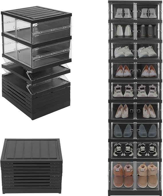 9 Tier Foldable Shoe Rack Organizer for Closet, Portable Plastic Shoe Shelf with Visual Door, Collapsible Shoes Storage Box, Stackable Clear Shoes Cabinet for Hallway, Living Room (Black)