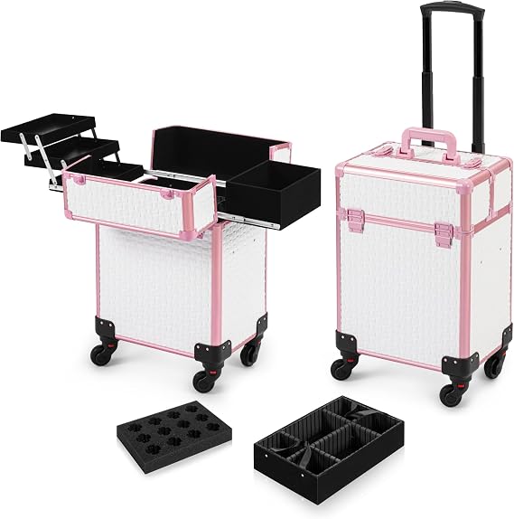 Arous Rolling Train Makeup Case Cosmetology Case on Wheels, White