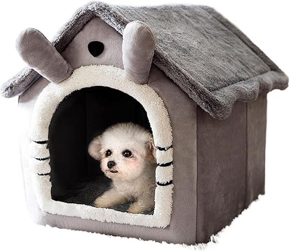 small Dog & Cat House Indoor, Foldable Cave Bed, Comfortable Warm Sleeping Bed for Kitten, Puppy & Small Dog (Grey)
