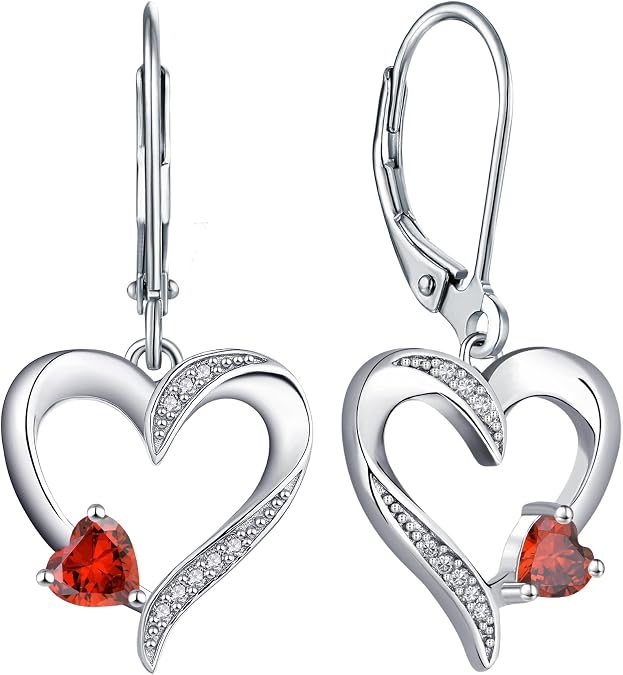 YL Heart Dangle Earrings 925 Sterling Silver Drop Earrings Birthstone Leverback Jewelry for Women