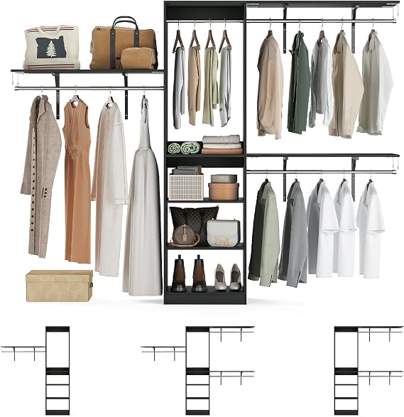 STARY Closet Organizer Heavy Duty Clothes Rack,Wood Walk In Closet System with 4 Hang Rods & 5 Shelves, Adjustable Wardrobe for 8 FT Spaces,Black