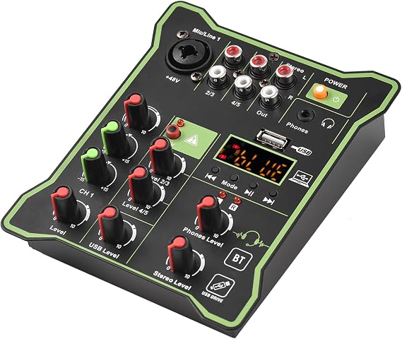 tuner,5-Channel Compact Audio Mixer Sound Mixing Console 48V Phantom Power USB Audio Interface LED Display Built-in Reverb Effect BT Function for DJ Recording Live Broadcast Karaoke,5-channel m