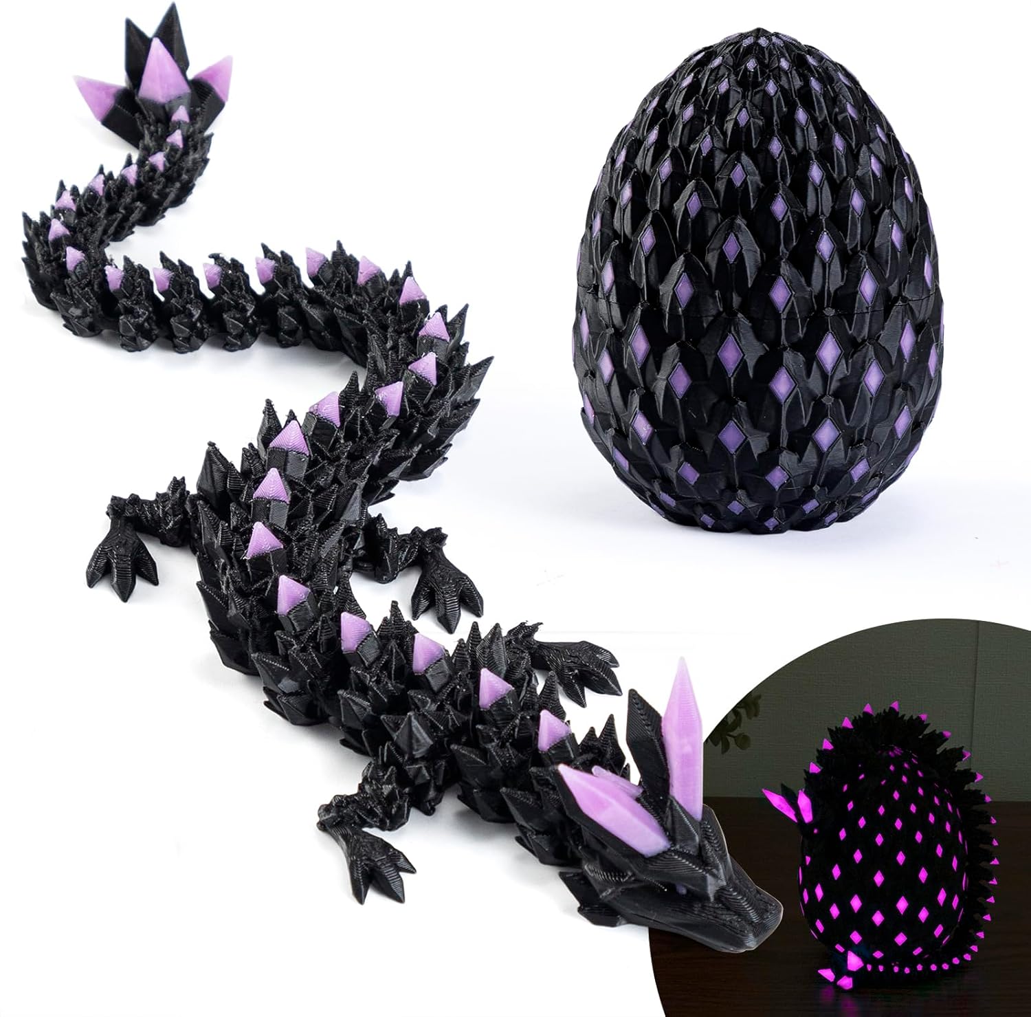 11.81 3D Printed Glow-in-The-Dark Dragon Egg with USB UV Flashlight-Articulated Flexible Dragon Inside, Fidget Sensory Toy for Stress Relief, Desk Pet & Gift for Kids Ages 4, Collectors