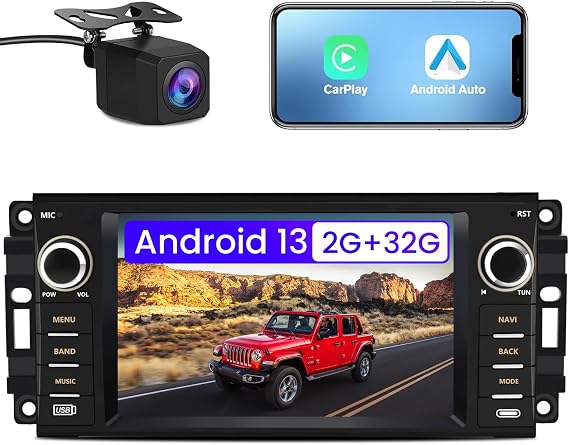 Android 13 Car Stereo for Jeep Wrangler JK Compass Grand Cherokee Dodge Ram Chrylser, 7''Touchscreen Car Stereo with Bluetooth,Backup Camera,GPS Navigation,Mirror Link,WiFi,FM RDS,Mic 2G Ram 32G ROM