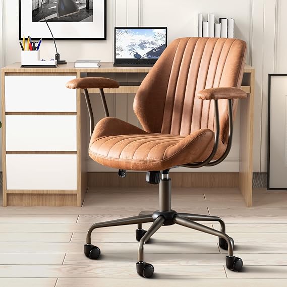ovios Executive Ergonomic Office Chair, Mid Back Comfy Faux Suede Leather Computer Chairs, Mid-Century Modern Swivel Rolling Task Armchair, Brown