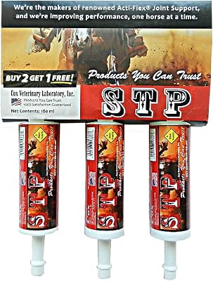 STP Oral Paste for Horses. Helps Relieve Pain and Inflammation. Highly Palatable. Safe, Natural Ingredients. Easy-Dose Syringe. Three-Pack. 18-Day Supply. Made in USA.