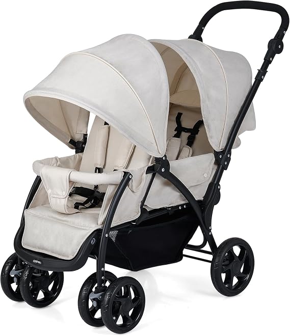 COSTWAY Double Seat Pushchair, Foldable Twin Tandem Stroller with Adjustable Backrest, Push Handle & Footrest, 5 Points Safety Belts, Sunshade, Storage Basket, for from Birth to 15kg (Beige)
