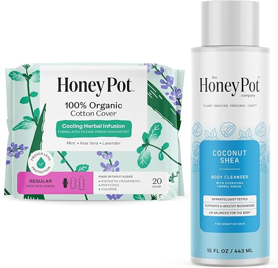 The Honey Pot Company - Regular Pads & Coconut Shea Body Cleanser Bundle - Herbal Inused Sanitary Pads for Women - Hydrating Body Wash to Moisturize & Cleanse Skin - Feminine Care