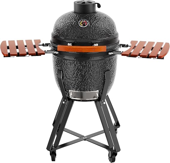 ROOMTEC 18-Inch Kamado Ceramic Charcoal Grill, Portable Grill Charcoal with Cart/Side Shelves/Cover, Tabletop Barbecue Grill for Home Party and Outdoor Backyard Cooking, Black