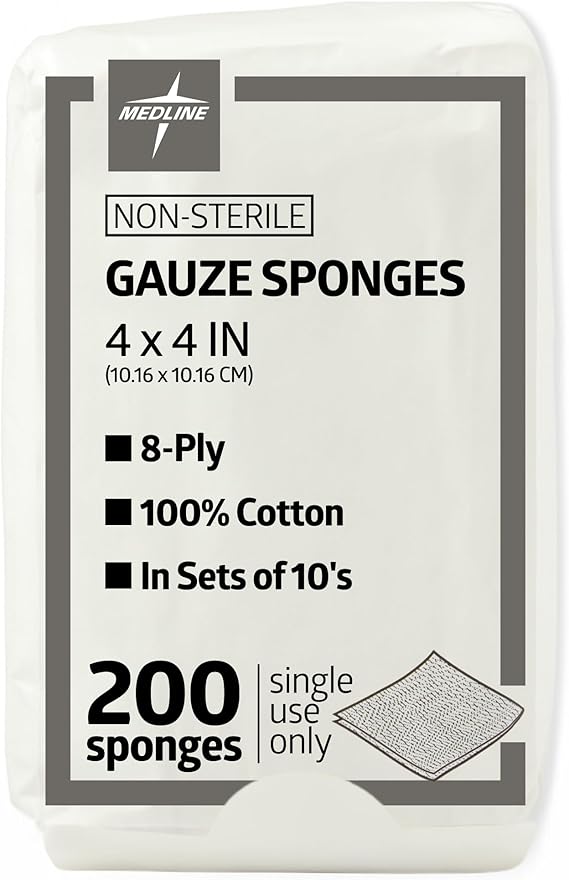 Medline 4 x 4 inch Gauze Sponges, 100% Cotton, 8-Ply Woven Non-Sterile Gauze (Pack of 200)