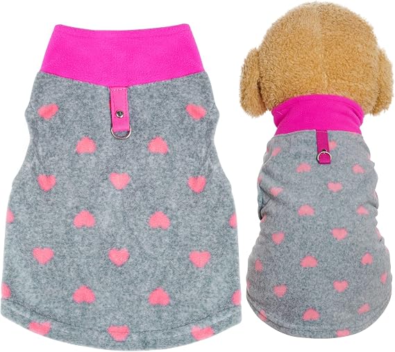 Rbenxia Grey Dog Heart Sweater with Leash Ring Soft Fleece Vest - Warm Pet Jacket for Small Puppy & Cat (Small)