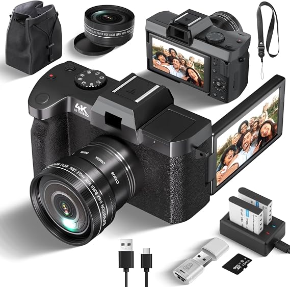 Digital Camera 4K Ultra HD 48 Megapixel Wide Angle Lens with 3'' 180° Flip Screen and Digital Zoom 32GB Micro SD Card | リチウムイオン電池 2 個付き 日本語説明書 小型カメラ Vlog カメラ 軽量 修学旅行 学生 初心者 セット