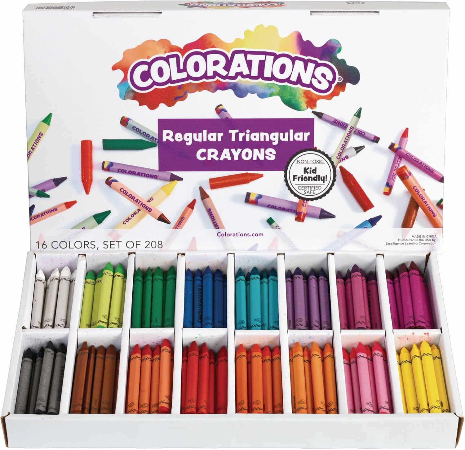 Colorations Regular Size Triangular Crayon Class Pack, 16 Colors, 13 of Each, Set of 208, Easy to Hold & Grip, Toddler, Non Toxic, Kids, Bulk School Supplies, Triangle