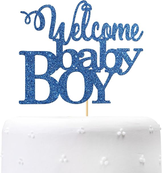 Welcome Baby Boy Cake Topper - Baby Shower Party Decorations - Little Boy First Birthday Cake Decor - Gender Reveal for Boy Party Supplies Blue Glitter
