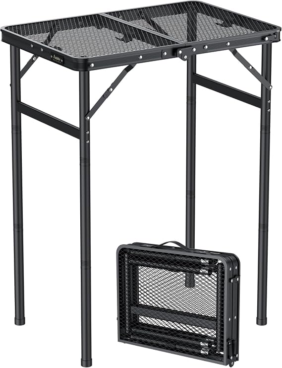 Anbte 2ft Folding Grill Table Max 74cm, 3 Adjustable Heights Lightweight Camping Table with Heat-Resistant Mesh Tabletop Portable Handle, Waterproof, for Cooking BBQ Outdoor Indoor, 60 X 40 cm, Black