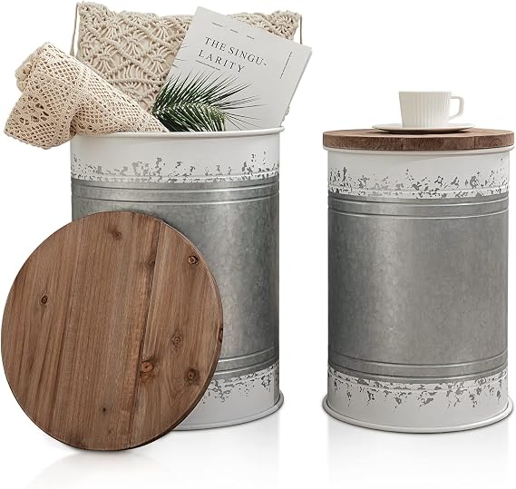 BRIAN & DANY 2 Pack Farmhouse Accent Side Table, Rustic Storage Ottoman Seat Stool with Round Wood Lid, Galvanized Metal Storage Bin for Living Room Furniture, Distressed White