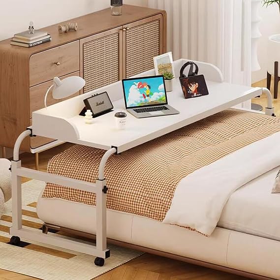 Bedtable Overbed Table with Wheels, Height Adjustable Computer Desk Standing Workstation Food Tray Desk Rolling Medical Table for Twin/Full/Queen/King Size Bed Frame
