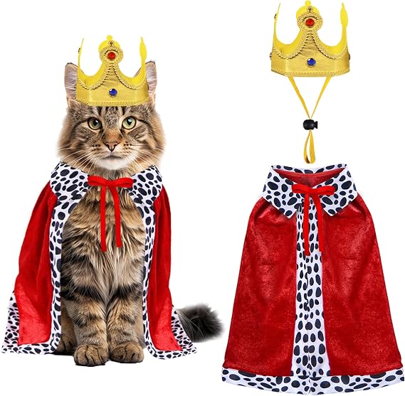 GOYOSWA Cat Halloween Costumes, Pet Cat King Costume King Red Cloak Golden Crown Set Halloween King Prince Costumes for Cats Kitty Small Dogs