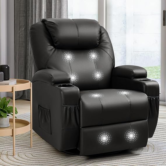 Furniwell Rocker Recliner Chair with Massage for Elderly, Leather Adjustable 360Swivel Rocking Sofa for Living Room with Remote Control, Cup Holders (Black)