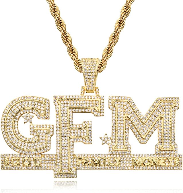 Hip Hop 18K Gold Plated Iced Out Letters Pendant Necklace God FAMILY MONEY Cubic Zircon Men's Charms Necklace Jewelry