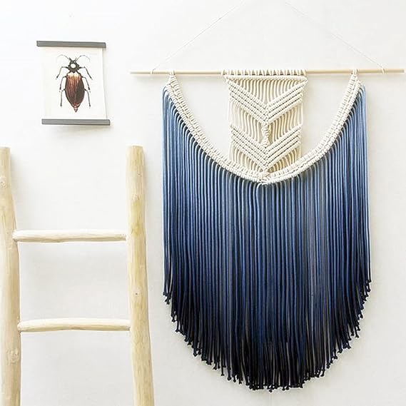 Macrame Boho Wall Hanging Decor,Handmade Woven Cotton Chic Tapestry with Long Tassel,Large Craft Wall Decor for Dorm Home Bedroom Apartment Room Decoration(70x100cm(27.5x39.4in), Blue)