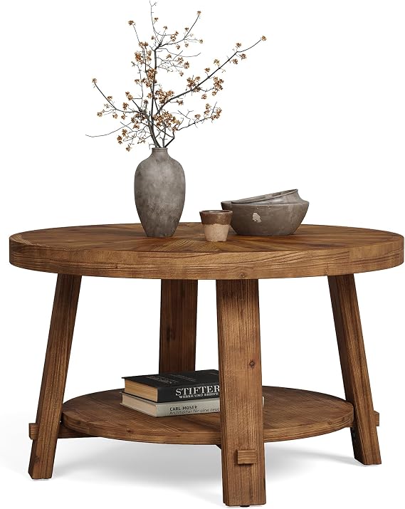 LITTLE TREE Solid Wood Coffee Table with Storage, 2-Tier Farmhouse Round Coffee Table for Living Room, Easy Assembly (Rustic Wood Color)