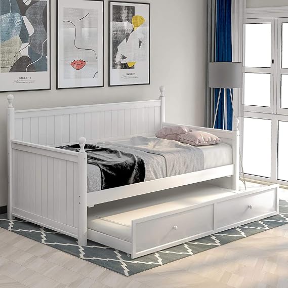 Wood Daybed Twin with Drawers, Twin Size Daybed Frame with Storage/Twin Bed Frame, No Box Spring Needed (Trundle White)