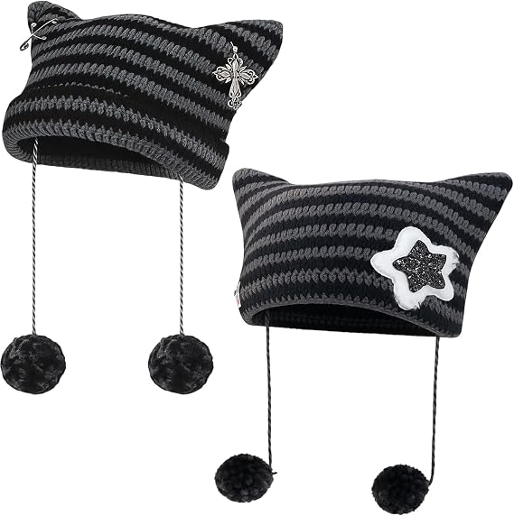 1 Pcs Striped Knit Cat Hat for Women and Girls, Cat Beanie, Emo Clothes for Women, Scene Accessories, Black and Grey Striped Hat, One Size Fits Most 30-40cm, Gift for Cat Lovers, Goth Fashion Enthusia