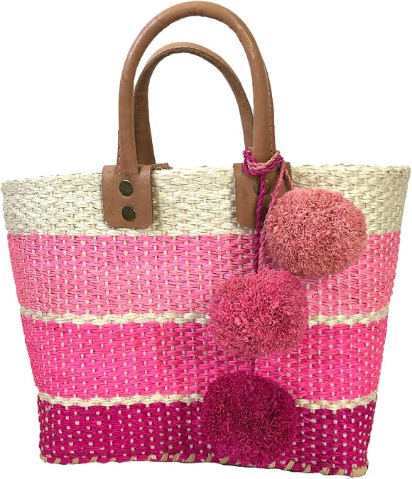 MAR Y SOL Women's Samana II Ombre Stripe Sisal Handheld Mini Tote Straw Bag w Pom Pom