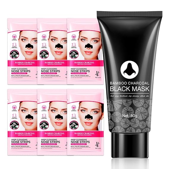 Charcoal Blackhead Remover Mask and 6 Pcs Blackhead Nose Strips,Gentle Nose Patches for Black Heads,Efficient Skincare Peel off Face Mask,Deep Cleansing Black Head Mask Set for All Skin Types(7Pcs )