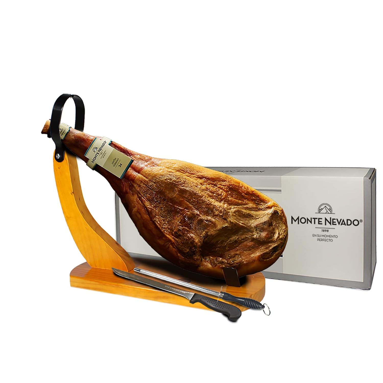 Monte Nevado Serrano Ham Spain - With Ham Stand and Knife - Min Weight 16 lb, 24 Months Avg Curing Time - Jamon Serrano - Great Family and Friends Gift