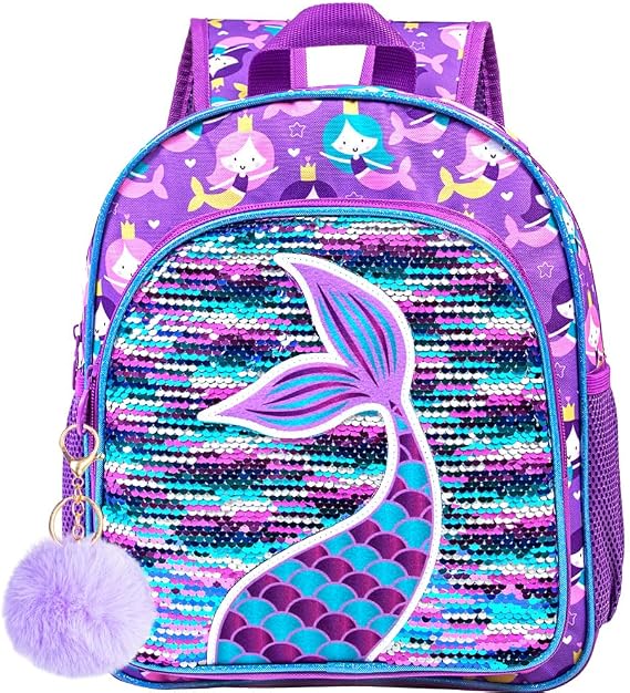 AGSDON Mermaid Backpack for Girls, 12" Toddler Sequin Kids Bookbag, Cute Animal Preschool Kindergarten Schoolbag