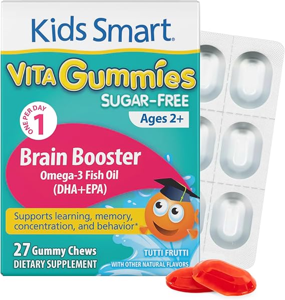 KIDS SMART Brain Booster Gummies for Kids, Omega 3 Fish Oil DHA + EPA Sugar Free Gummy Supplement, Supports Healthy Brain Development Gluten Free, Dairy Free, Non-GMO | for Children 2+, 27 Count
