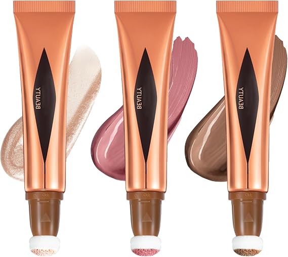 LINXINS Liquid Contour Wand 3PCS Blush Sets, Bronzer, Long Lasting Waterproof Beauty Wand With Cushion Applicator, Lightweight Fair Luminizer