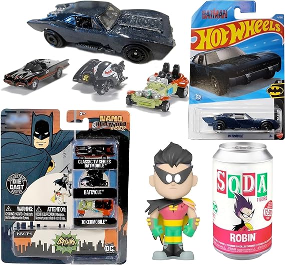 Hot Wheels Batman Batmobile Blue Movie + Classic Car TV Series Nano with Joker Mobile & Bat Cycle + DC Comics Robin Teen Titans Pack