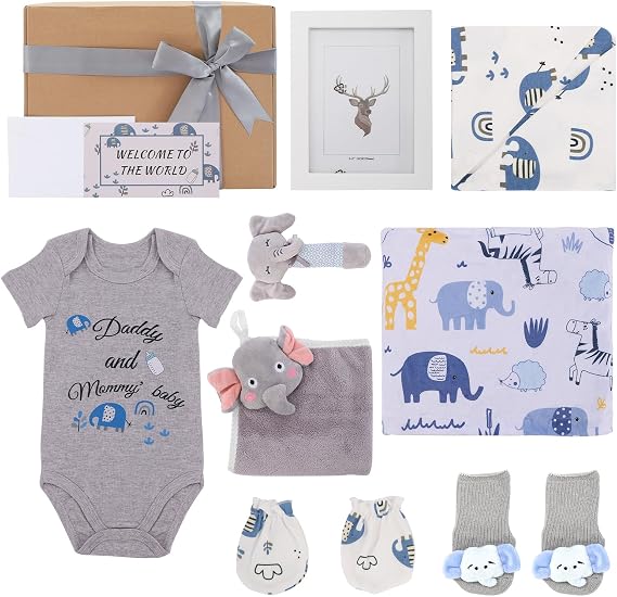 Baby Boy Gifts New Born Gift Basket Baby gift Essential Stuff with Rattle Swaddle Blanket Bib Socks Mittens Frame Bodysuit Elephant Towel