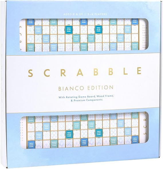WS Game Company Scrabble Bianco Edition Rotating Wooden Board Game Set | Coastal Design, Turntable, Raised Tile Grid, White Wood Tiles, Classic Word Game, 2-4 Players, Adults and Kids 8 and Up
