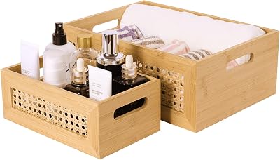 Rattan Storage Basket, 2 Pack Handmade Natural Bamboo Woven Storage Bin with Wooden Frame & Handles Decorative Wicker Box for Rustic Farmhouse Boho Decor Home Office Tabletop Shelf Organizer
