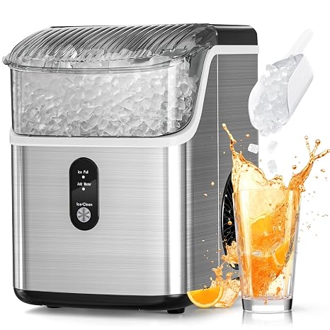 Antarctic Star Nugget Countertop Ice Maker with Soft Chewable Pellet Ice, Portable Ice Machine, 34Lbs/24H, Self-Cleaning, Sonic Ice, One-Click Operation, for Kitchen,Office Stainless Steel Silver
