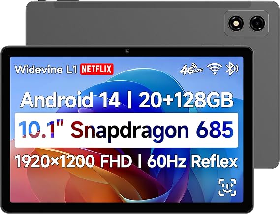 10.1 inch Snapdragon 685 Android 14 Tablet, FHD IPS 1920x1200 Resolution 60Hz Reflex Bpad 10 Pro with Widevine L1, 20GB+128GB(1TB TF), 5MP+5MP Camera, 4G LTE+2.4G/5G WiFi+BT5.0+GPS, 6500mAh
