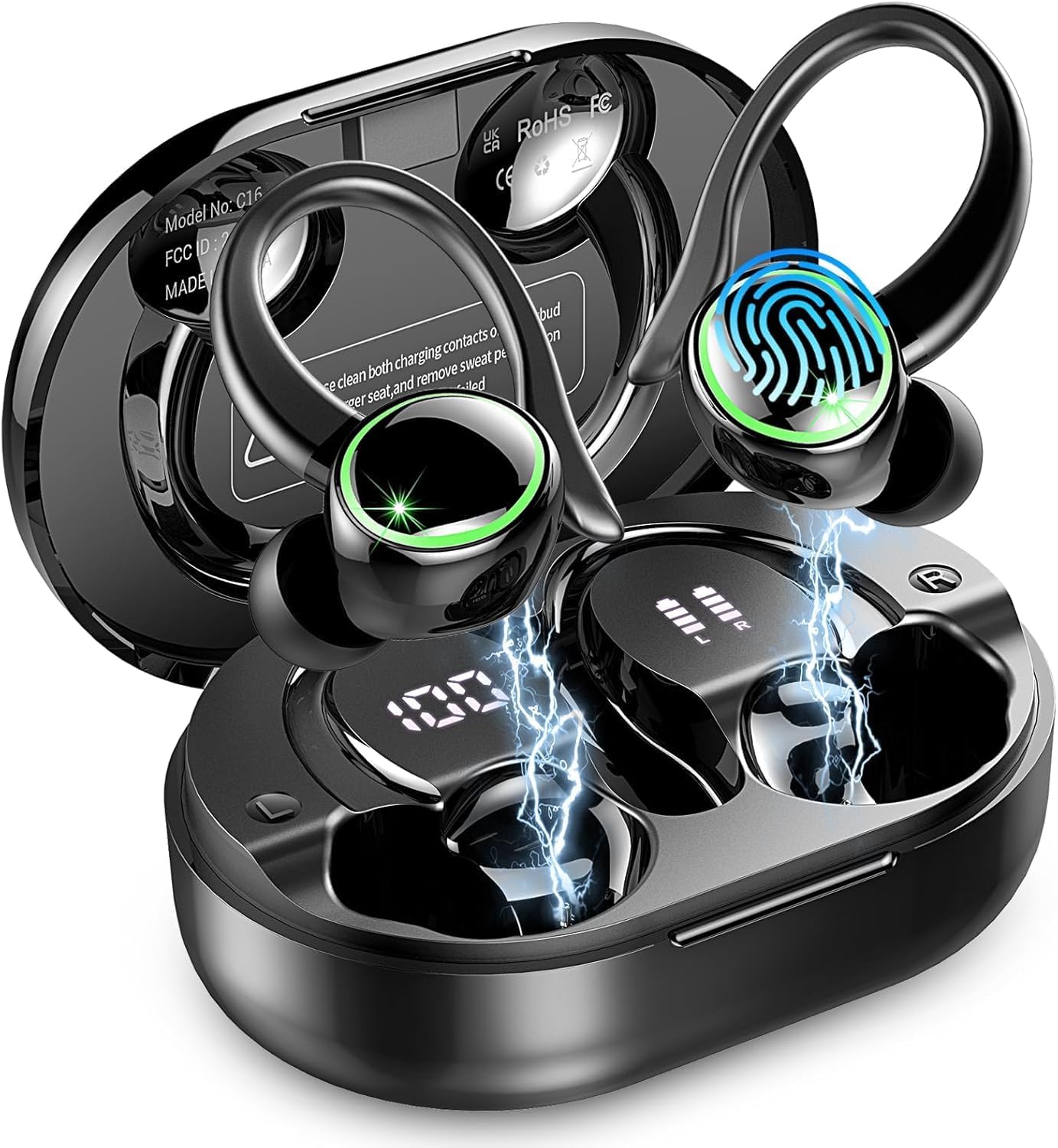 Bluetooth Sports Headphones Wireless Bluetooth 5.4 Headphones with ENC Noise Cancelling and 4 HD Mics 50 Hours Wireless Earbuds In-Ear Headphones with Hi-Fi Stereo IP7 Waterproof USB-C/LED Display