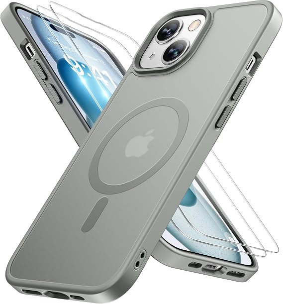 Miracase Magnetic for iPhone 15 Case (Compatible with MagSafe)(with 2X Screen Protectors) Military-Grade Protection, Anti-Fingerprint Translucent Matte Phone Cover for iPhone 15 6.1 inch, Gray