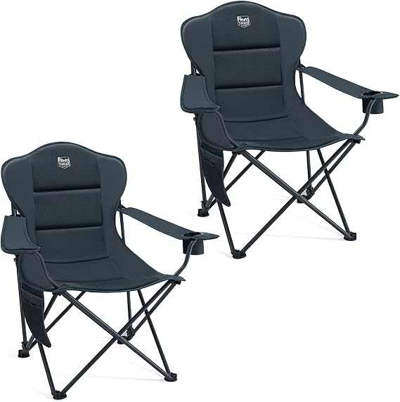 TIMBER RIDGE Folding Camping Chair Set of 2 Adjustable Recliner 150kg | Extra Wide Camping Recliner Chair, 3-Level Recline, Adjustable Armrests, Cup Holder Portable for Fishing Picnic Garden