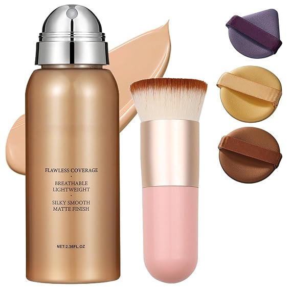 Airbrush Foundation, Lightweight Liquid Makeup with Buildable Coverage, Natural Radiant Finish for All Ages, Smooth Radiant Skin,3pcs Set Includes Foundation, Makeup Brush, Foundation Puff(Natural)