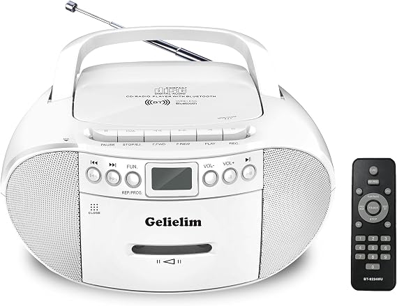 Gelielim CD and Cassette Player Combo, Portable Cassette Tape Player, 5.1V Bluetooth Speaker, AM FM Radio, USB Playback/Earphone Jack, Remote Control, Plug in for Home