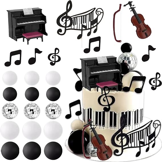 24Stk Musical Cake Toppers, Piano Violin Cake Toppers, Musical Birthday Party Including Piano Violin Notes Disco Ball, Musical Graduation Cake