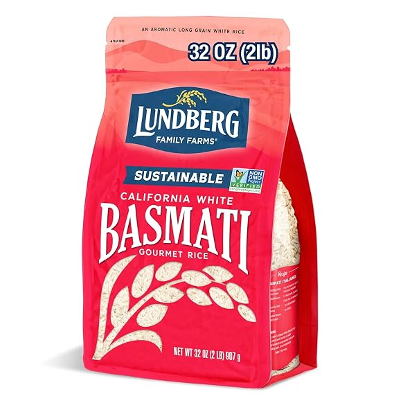 Lundberg Basmati Rice, Long Grain White - Non-Sticky, Fluffy, Nutty, Vegan Food, Healthy Meals, Gluten-Free Rice Grown in California, 32 Oz